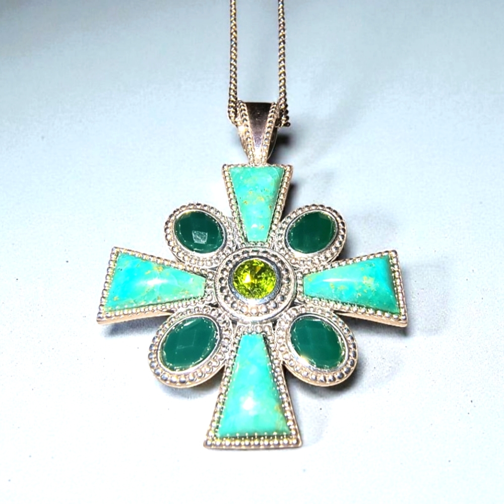 Chrysocolla, Green Agate, Peridot & Sterling Silver Maltese Cross Necklace